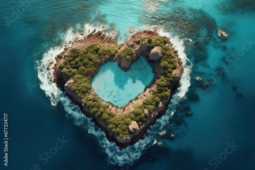 Aerial view of a coral reef shaped like a heart in a turquoise sea