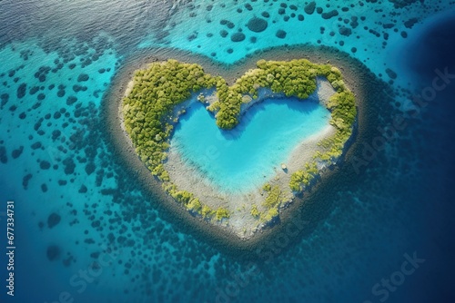 Aerial view of a coral reef shaped like a heart in a turquoise sea © Dan