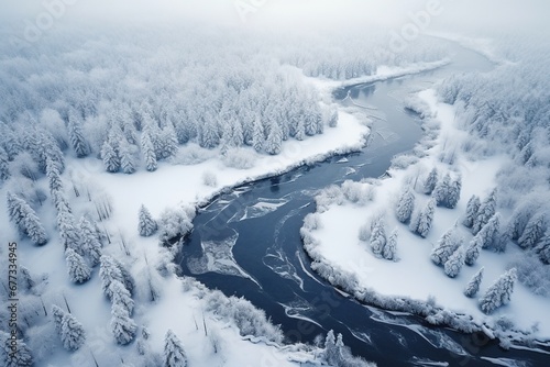 Aerial view of a frozen river weaving through a snow-covered forest