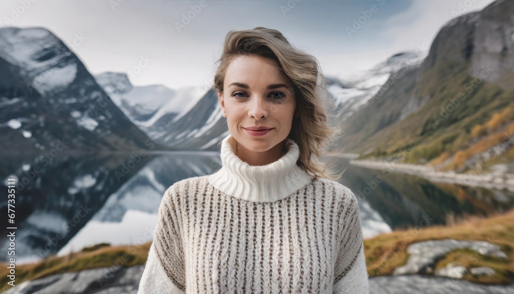 Fotoshooting in the mountains: Portait of a young beautiful model in mountain scenery with norwegian sweater - obrazy, fototapety, plakaty 