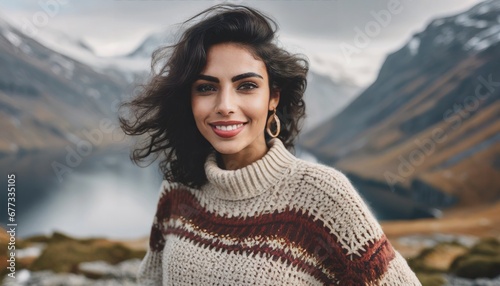 Fotoshooting in the mountains: Portait of a young beautiful model in mountain scenery with norwegian sweater