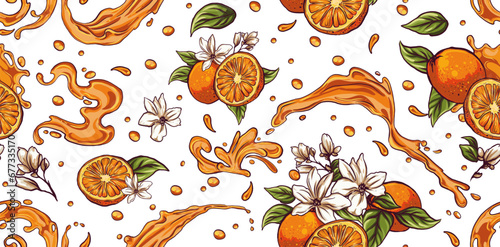 Kahlua orange liqueur for cocktails pattern, Splash of orange paint. Fruit juice. Set of hand drawn realistic vector design elements, abstract orange spiral curls and waves.