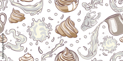 Milk splash pattern, vector isolated liquid waves of cream, realistic, set on transparent background. Drops of milk cream, abstract white spiral curls and waves, caps of cream, Baileys cream liqueur