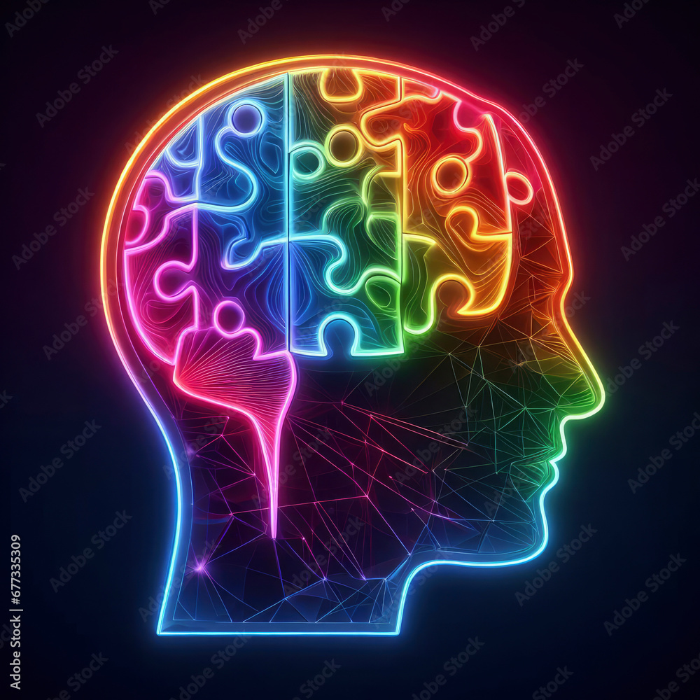 human brain illuminated in neon color. ai generative