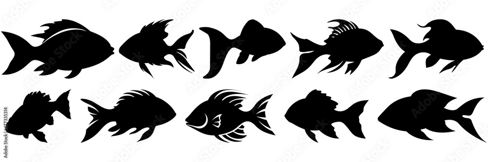 Fish silhouettes set, large pack of vector silhouette design, isolated white background