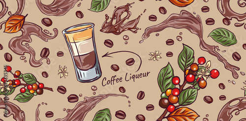 seamless pattern B-52 Cocktail, hand drawn, bar alcoholic drink with coffee liqueur recipe, Typography for poster, t-shirt or banner.
