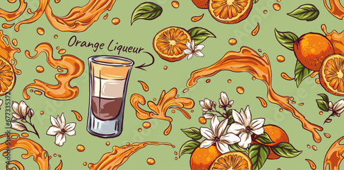 seamless pattern B-52 Cocktail, hand drawn, bar alcoholic drink with Kahlua orange liqueur recipe, Flat design. Typography for poster, t-shirt or banner.
