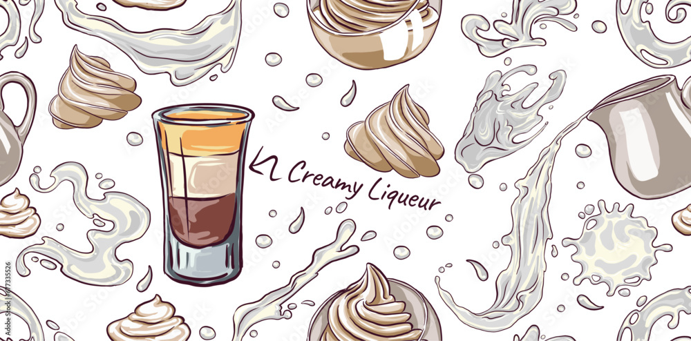 seamless pattern Cocktail B-52, hand drawn, bar alcoholic drink with recipe from ingredients Baileys cream liqueur, for poster, t-shirt or banner. seamless pattern Cocktail B-52, hand drawn, bar alcoholic drink with recipe from ingredients Baileys cream liqueur, for poster, t-shirt or banner.
