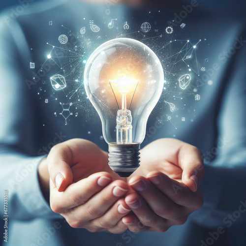 generation of new ideas. man holding a burning light bulb in his hands. ai generative