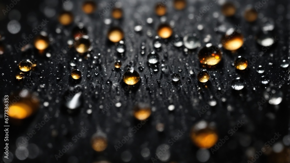 Top View of Closeup Rain Drops on Black Surface,  Water Drop, using Generative Ai