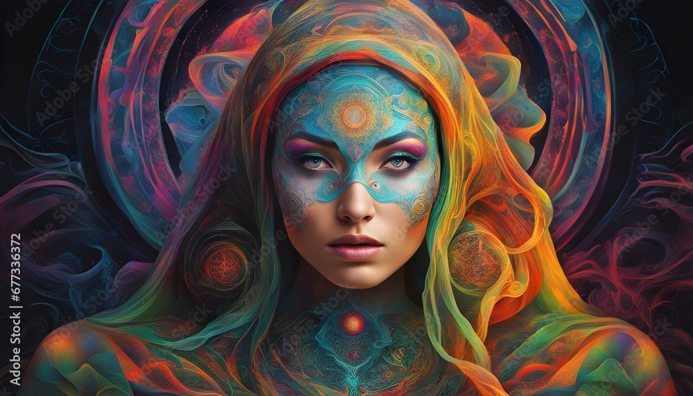 a portrait of a girl in a kaleidoscopic imagery with symmetrical patterns style
