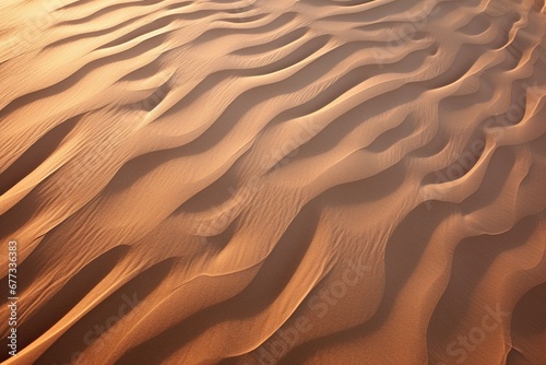 Aerial view of wavy sand dunes casting intricate shadows at dusk