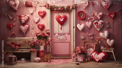  a room filled with lots of hearts hanging from the ceiling and a pink door in the center of the room.