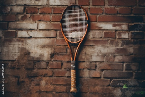 A vintage wooden tennis racket leaning against an old brick wall