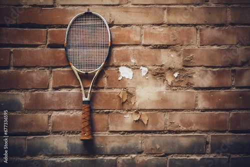A vintage wooden tennis racket leaning against an old brick wall