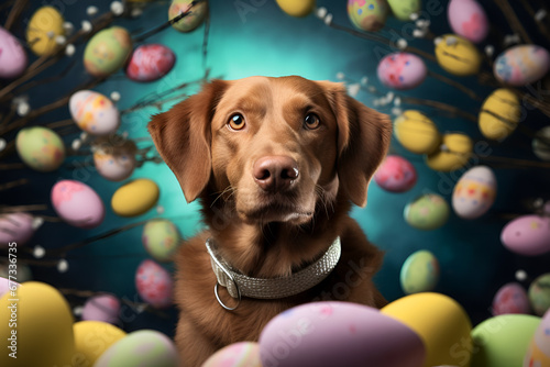 Portrait of an Adorable dog surrounded by colorful easter eggs floating around him. Happy easter. Background