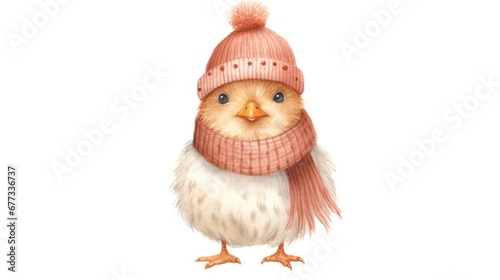  a watercolor painting of a chicken wearing a knitted hat with a pom pom on it's head. © Anna