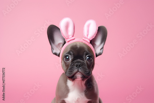 Adorable french bulldog puppy wearing pink bunny ears on a pink background with empty space for text. Poppy wearing bunny ears for easter. Easter day concept