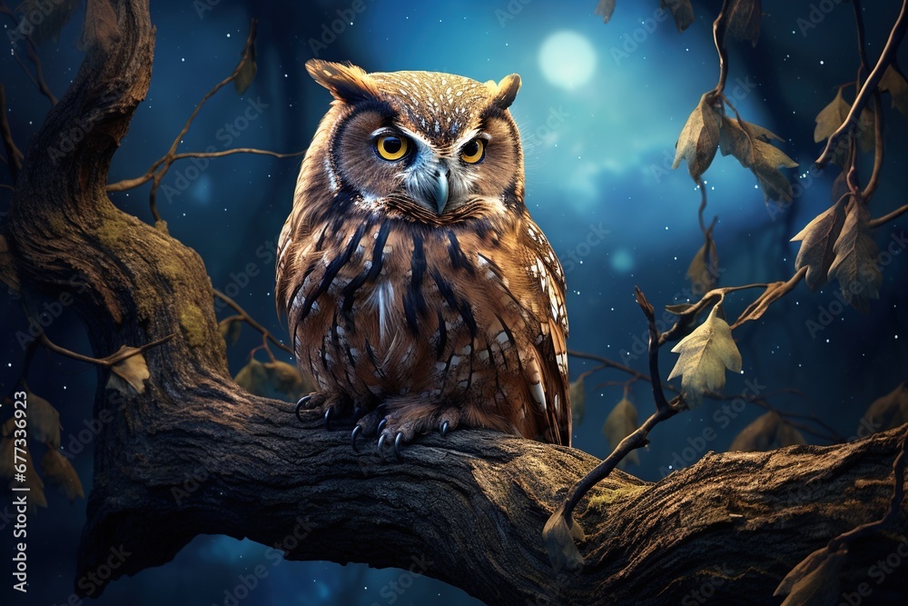 A wise old owl perched solemnly on a moonlit branch A wise old owl perched solemnly on a moonlit branch
