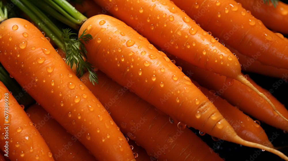 Top view of Fresh carrots with water drops. Vegetables backdrop - obrazy, fototapety, plakaty 