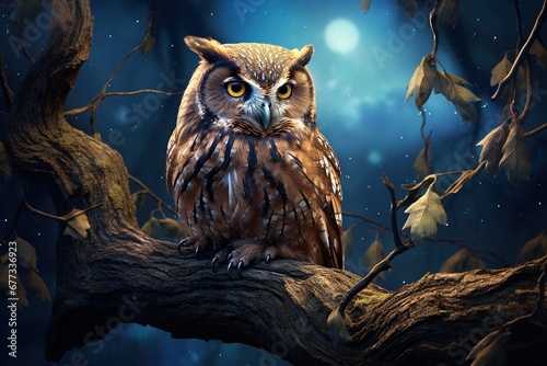 A wise old owl perched solemnly on a moonlit branch photo