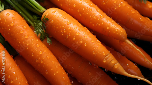 Top view of Fresh carrots with water drops. Vegetables backdrop photo