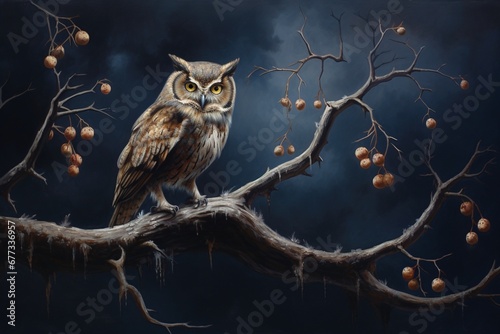 A wise old owl perched solemnly on a moonlit branch photo