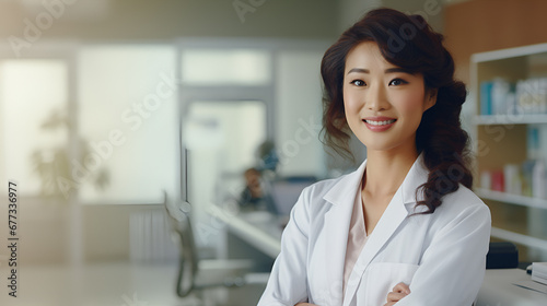 Beautiful asian female doctor in a hospital with space for text