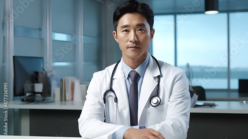 Portrait of a handsome asian doctor with a stethoscope and coat in the hospital. Copy space for text
