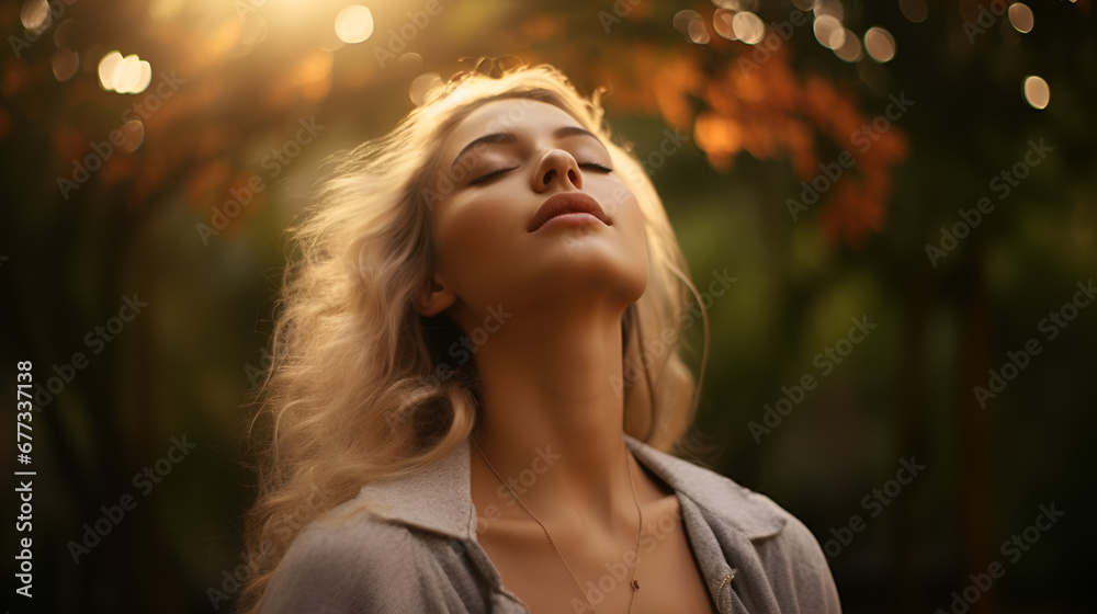 Portrait of a beautiful woman breathing fresh air with her eyes closed ...
