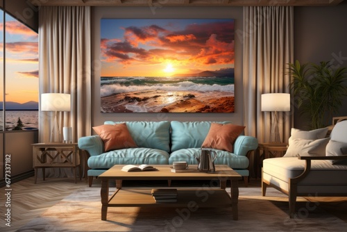 The interior has a sofa and a coffee table and a sunset painting.