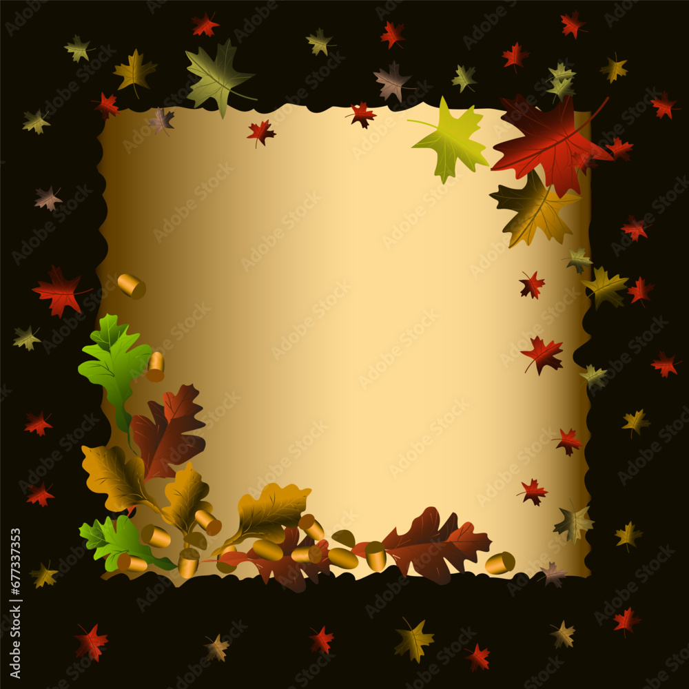  Autumn background. Maple leaves, oak leaves and acorns .