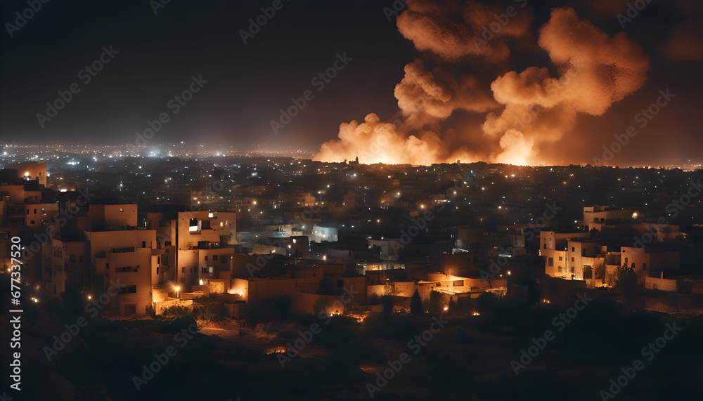 Panoramic view of the city at night. The city is burning.