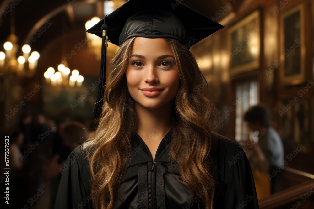 Young woman in graduation cap and gown. Young woman in graduation cap and gown.