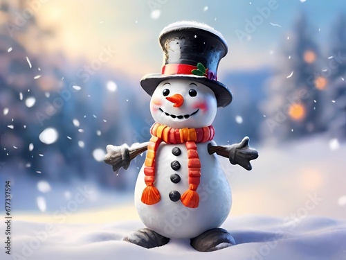 This lively and cheerful snowman stands cheerfully amidst the picturesque winter landscape, creating the perfect scene for a Christmas and New Year's greeting card.  © Fantasy24
