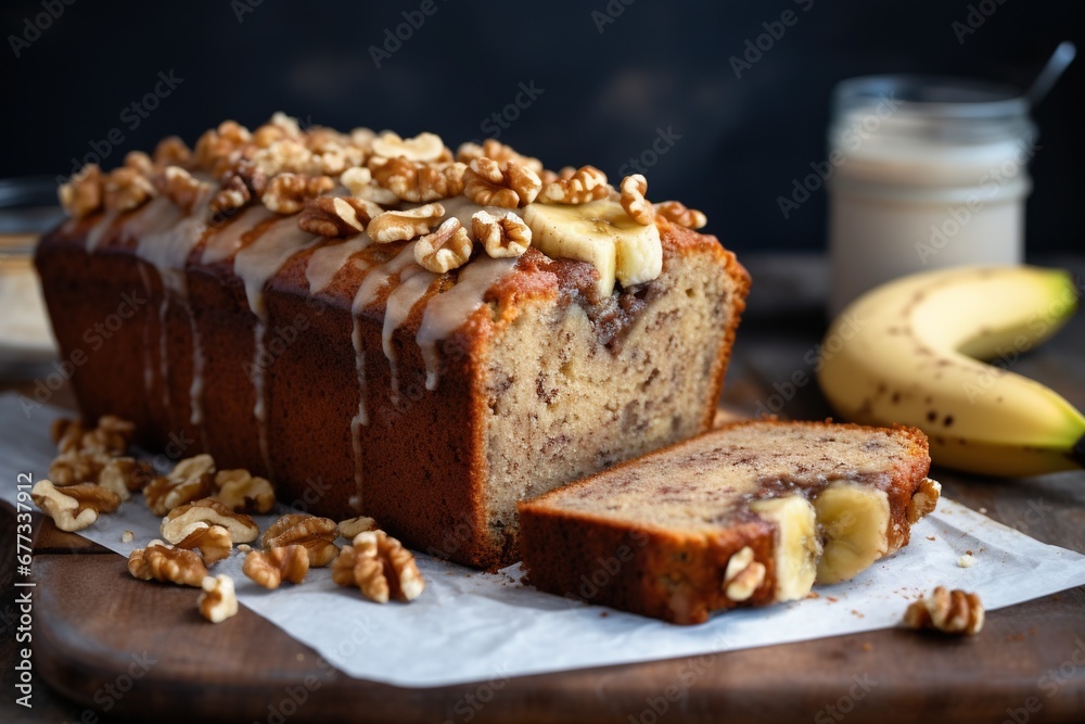 Banana bread slice with walnut topping