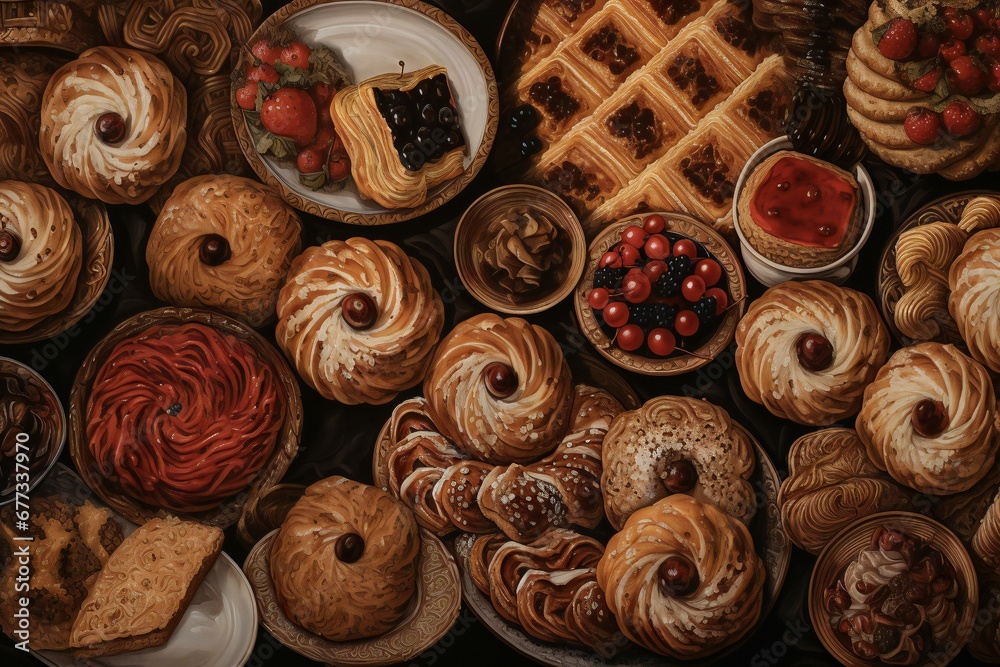 a variety of pastries and desserts on a table