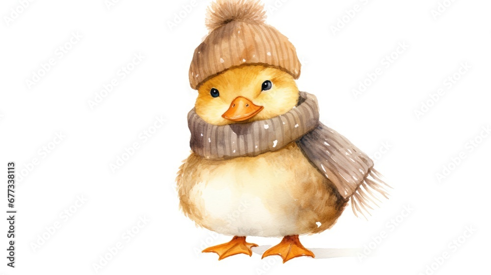 Obraz premium a watercolor painting of a duck wearing a knitted hat, scarf, and scarf around it's neck.