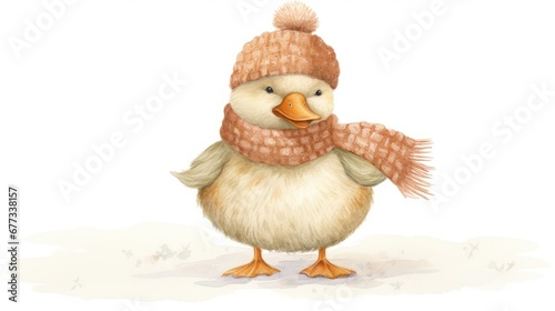  a watercolor drawing of a duck wearing a scarf and a knitted hat with a pom pom on its head. © Anna