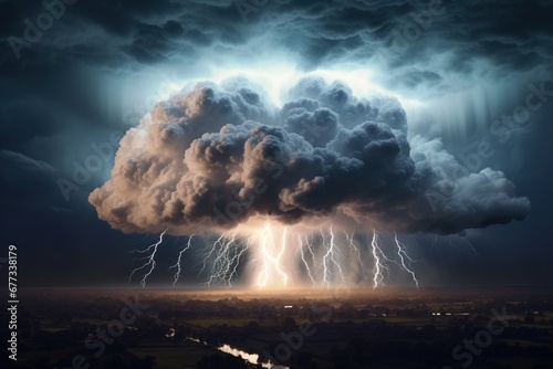 Billowing cumulonimbus igniting with flashes of lightning