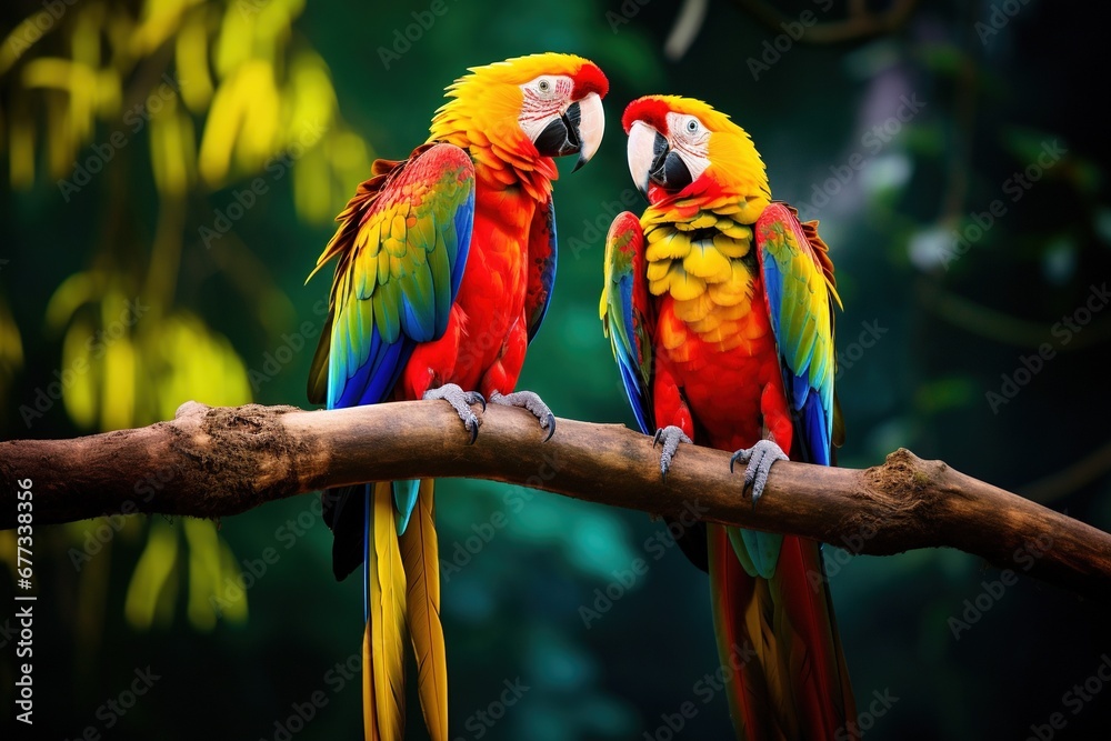 Brightly colored parrots sharing a moment on a branch