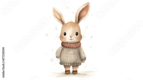 a watercolor painting of a rabbit wearing a sweater with a scarf around its neck and a snowflaked background.