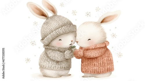  a couple of bunnies standing next to each other wearing sweaters and knitted hats with snowflakes in the background.