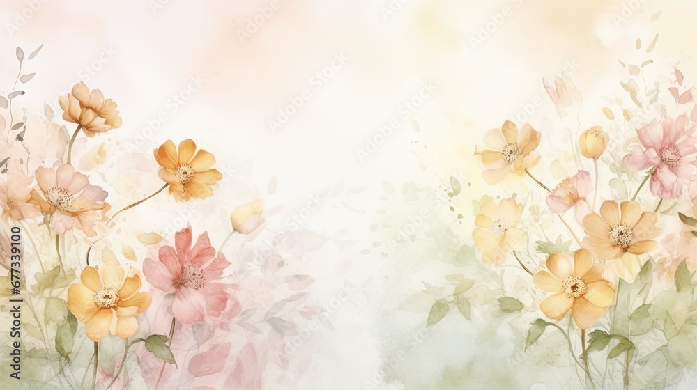  a painting of yellow and pink flowers on a white and pink background with green leaves and flowers on the right side of the frame.