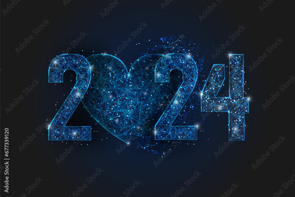 Abstract isolated blue image of new year number 2024. Polygonal low poly wireframe illustration looks like stars in the blask night sky in spase or flying glass shards. Digital web, internet design. - obrazy, fototapety, plakaty 