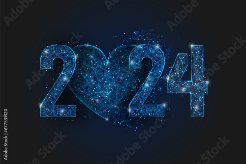 Abstract isolated blue image of new year number 2024. Polygonal low poly wireframe illustration looks like stars in the blask night sky in spase or flying glass shards. Digital web, internet design.
