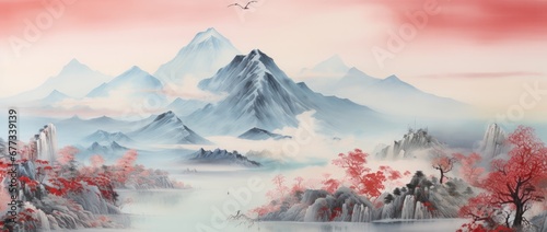 Serenity in Red: Majestic Mountains and Autumn Trees in a Vibrant Landscape