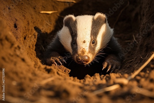 Badger exiting its burrow, captured with ground-level photography