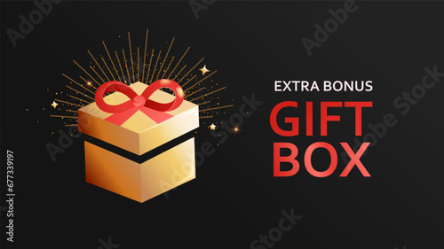 Gift box card.Extra bonus with surprise in magic giftbox with golden rays and flying magical dust.Sale banner,promotion loyalty program gift,offer coupon,reward,template for black friday,advertise