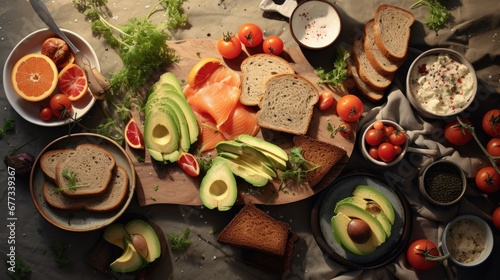  a wooden cutting board topped with sliced up avocado next to bowls of fruit and a bowl of bread.